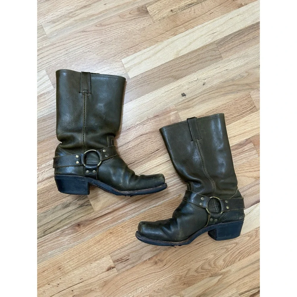 Frye Harness 12R Boots Mens Olive Green Leather Biker Square Toe Grunge 9